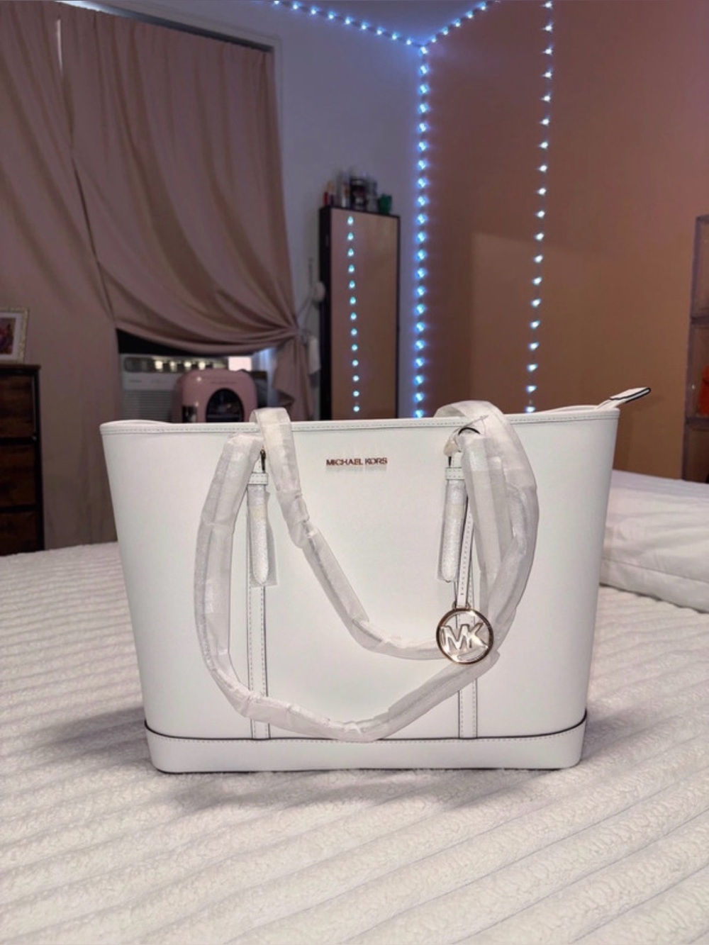 Michael Kors White Leather Saffiano Tote with MK Charm